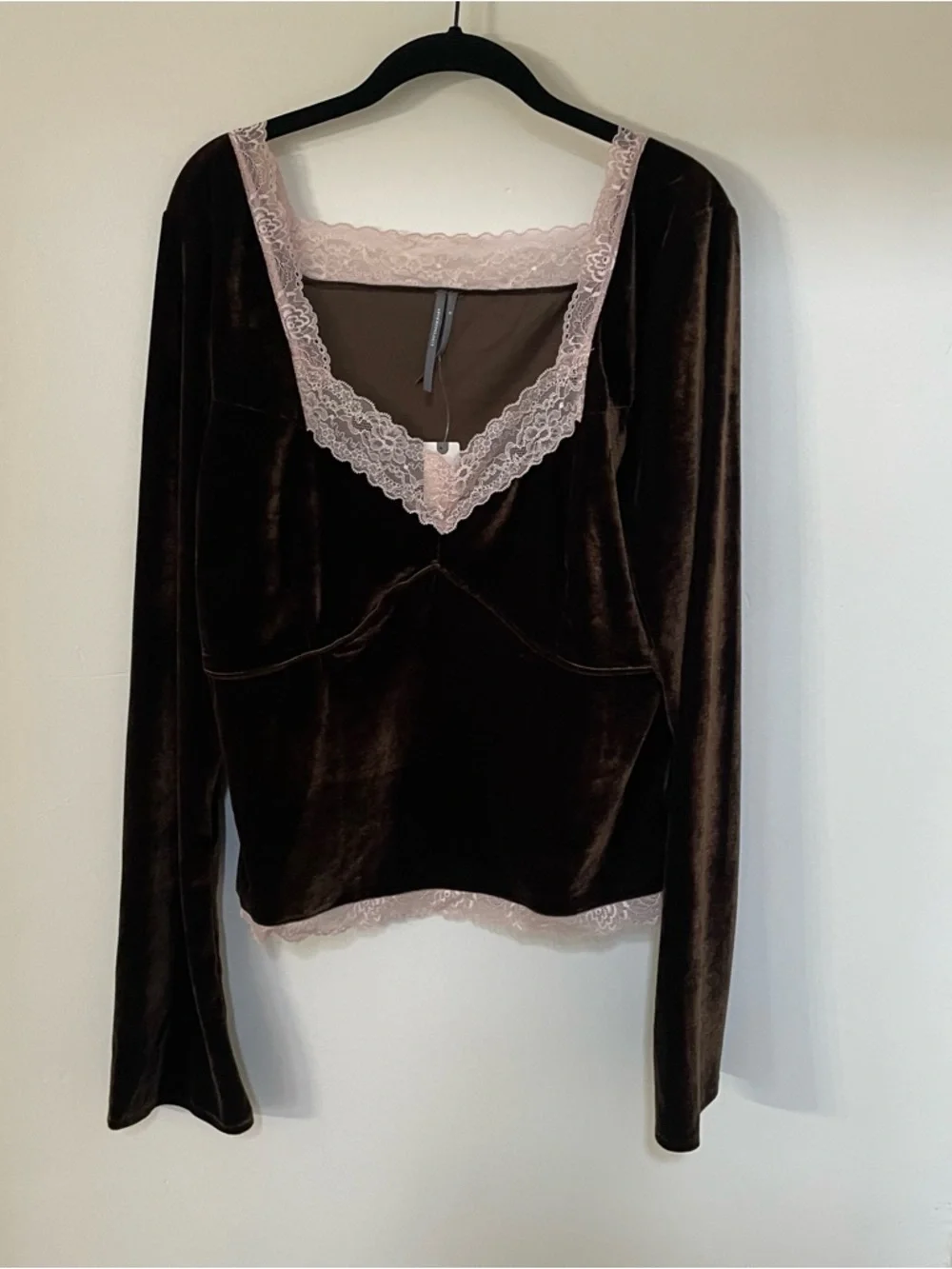 NWT Anthropologie Velvet Lace V-Neck Blouse Top XL $78 Chocolate Brown Pink